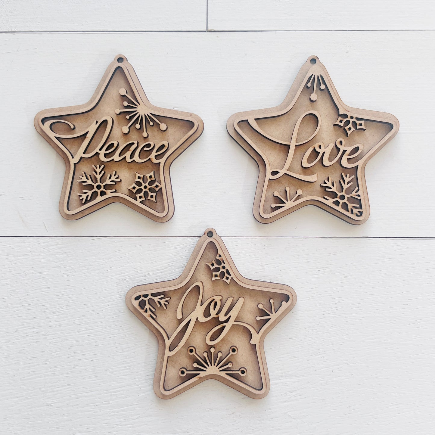 Peace, Love & Joy Star Ornaments – Set of 3