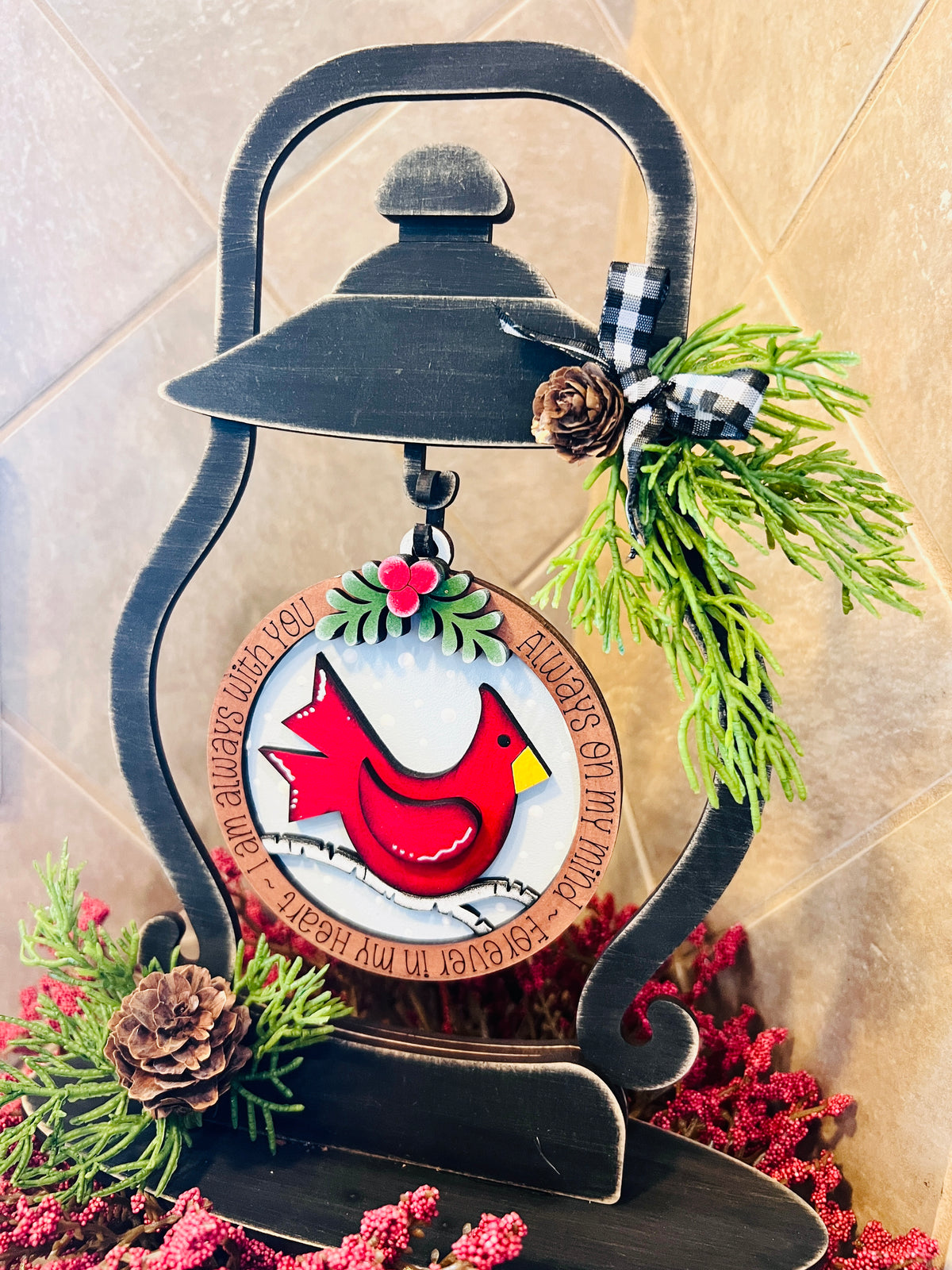 Farmhouse Lantern with Cardinal Ornament