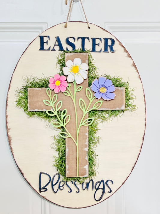 Easter Blessings Floral Cross Oval Door Hanger